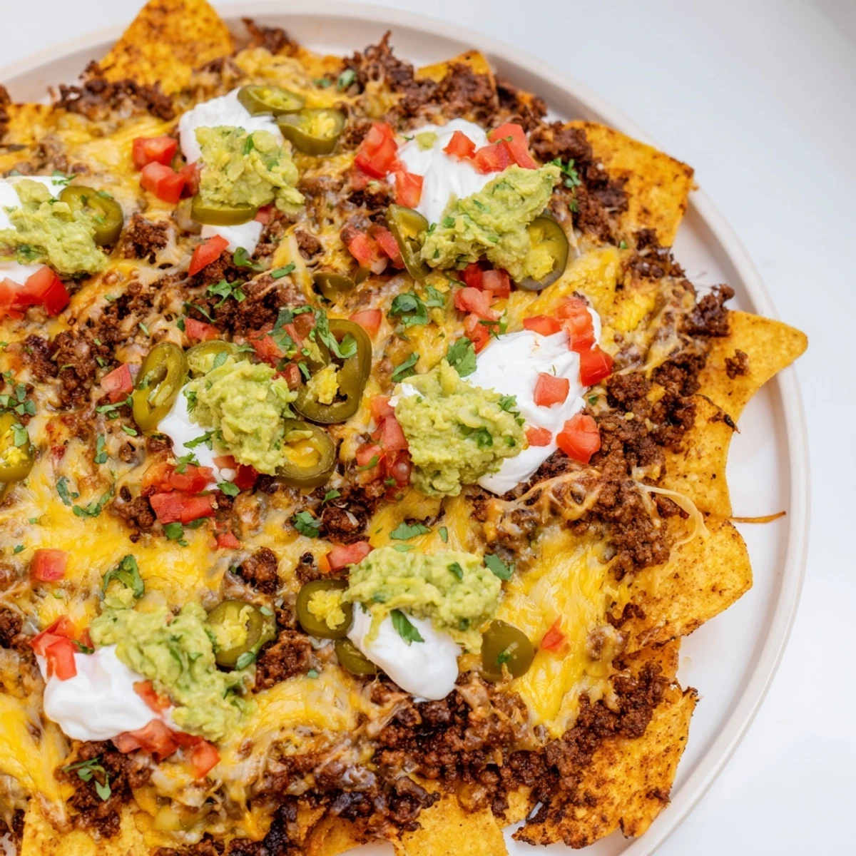 Golden, bubbly beef nachos featuring melted cheese and spicy jalapenos ready to enjoy.