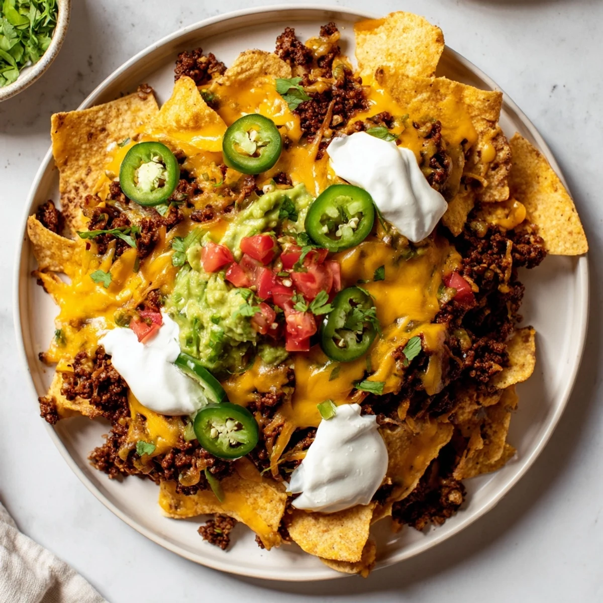 Ground beef nachos piled high with layers of cheese, jalapenos, and flavorful toppings, perfect for sharing.