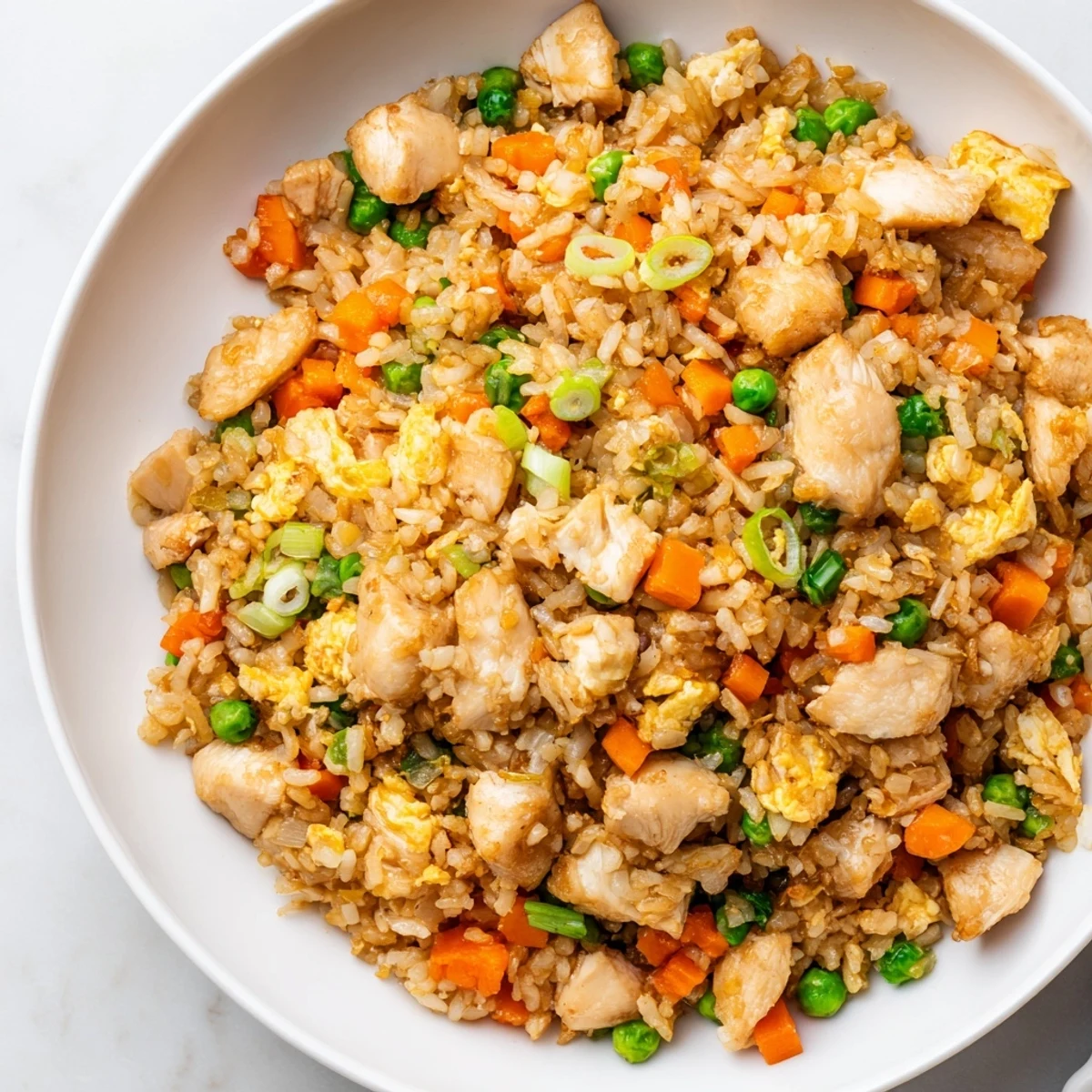 Golden, sizzling Chicken Fried Rice with vibrant peas and carrots, ready to enjoy at home.