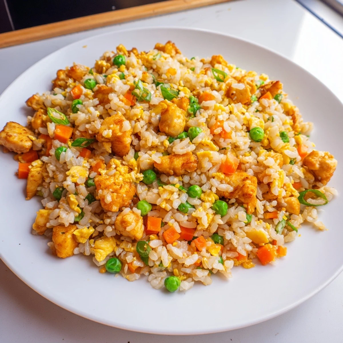 A steaming bowl showcasing delicious Chicken Fried Rice, filled with savory chicken and perfectly cooked rice.