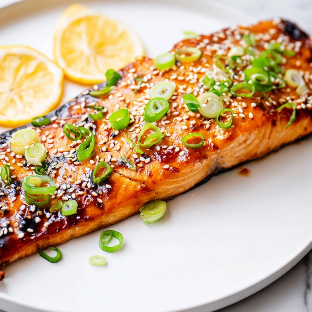 Flaky baked salmon with teriyaki glaze, glistening and ready to serve with sesame seeds and green onions.