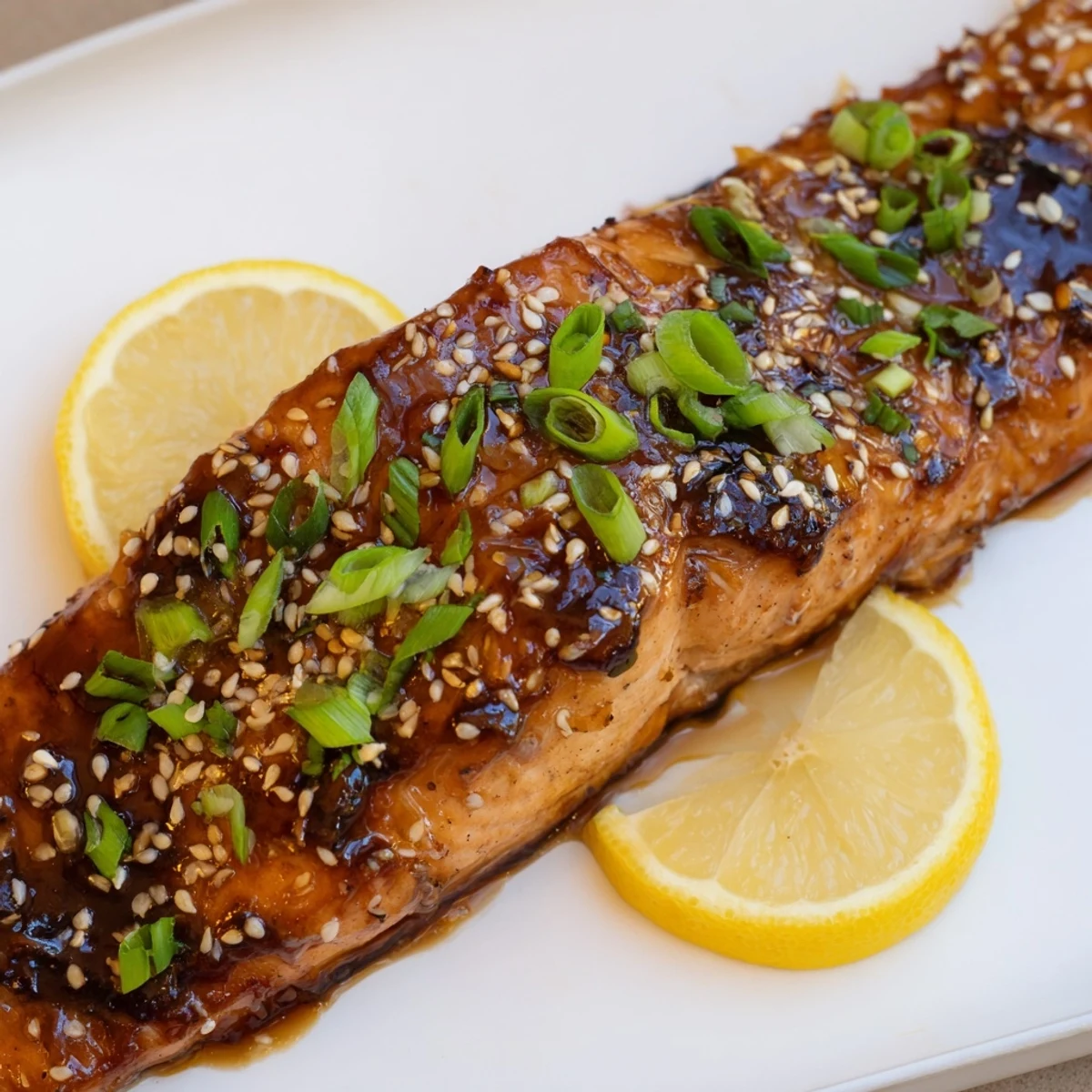 Oven-baked salmon with teriyaki glaze, a perfectly cooked and flavorful Asian-inspired main dish on a plate.