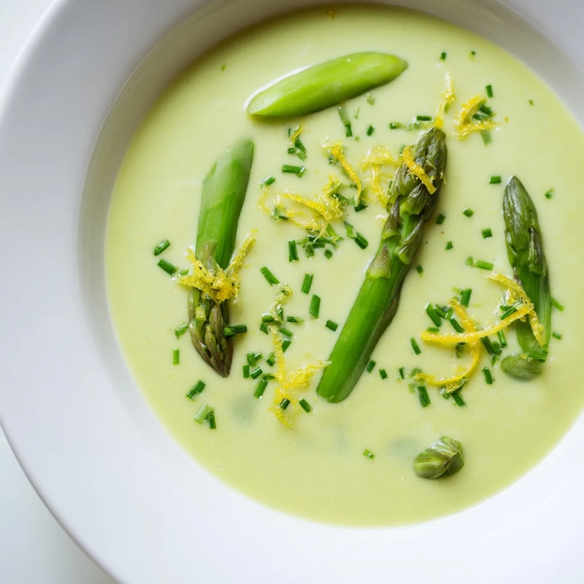 Creamy asparagus soup, a vibrant green, garnished with fresh chives and lemon zest, ready to enjoy.