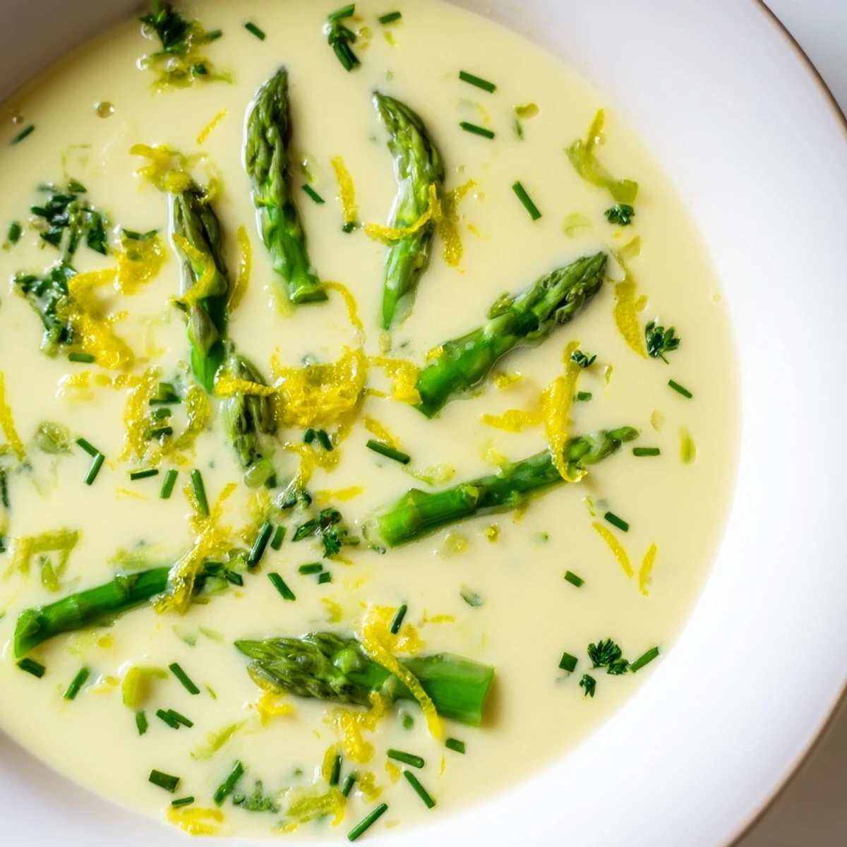 Beautiful, smooth creamy asparagus soup, boasting a vibrant color, ready to be served hot.