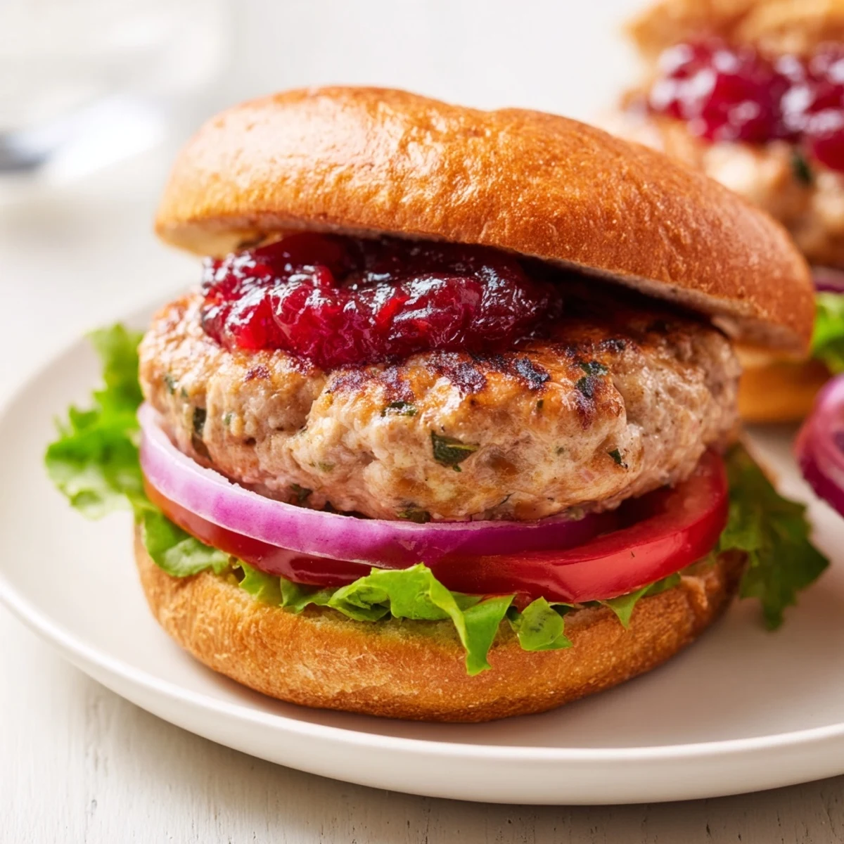 Close-up of a perfectly cooked turkey burger topped with tangy cranberry sauce, delicious.