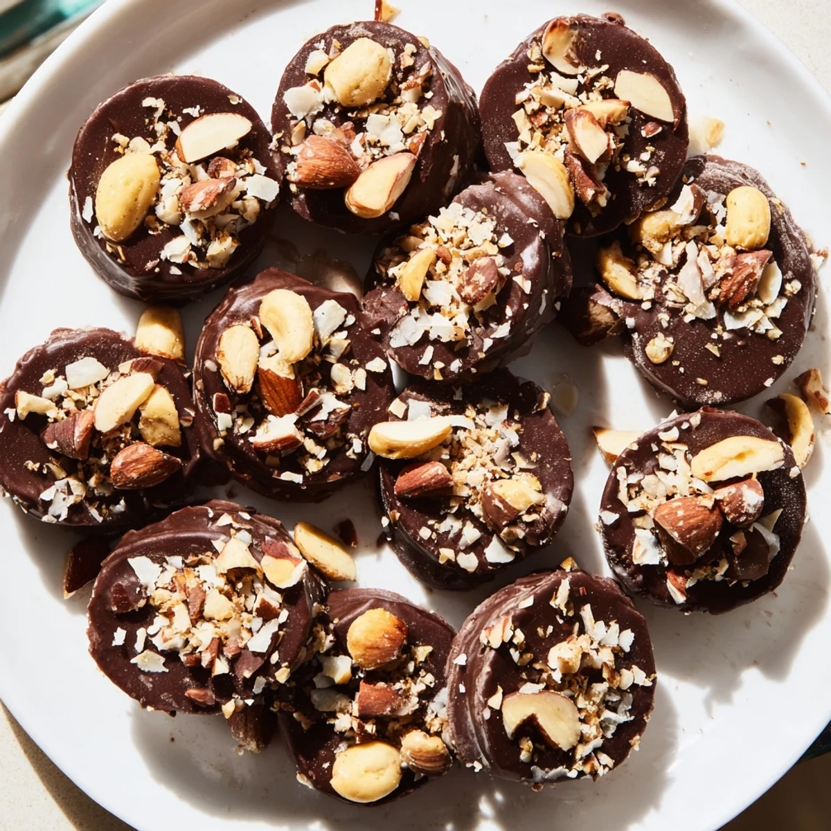 Shiny, dark chocolate covers each bite-sized chocolate covered banana piece, ready for a refreshing treat.