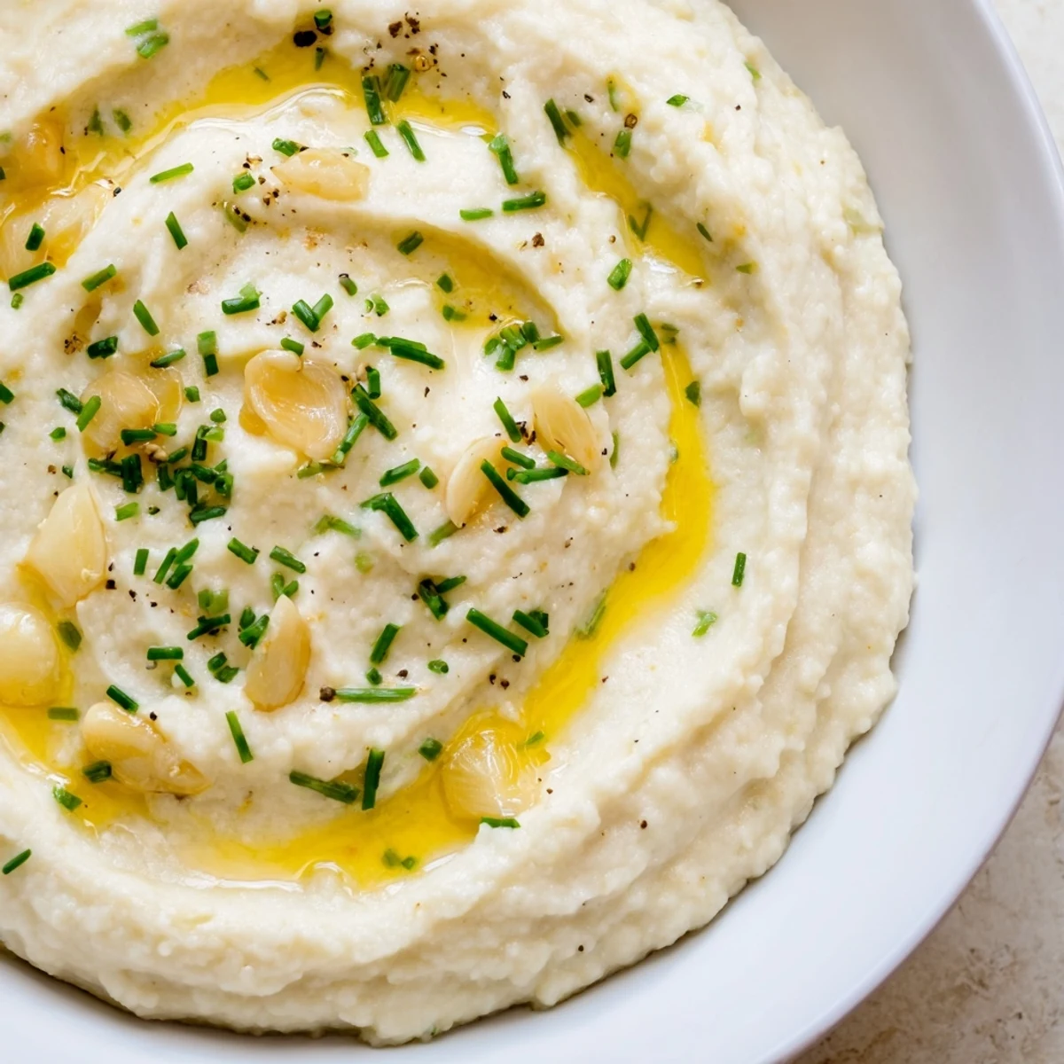 Forkful of fluffy Roasted Garlic Mashed Cauliflower showcasing its smooth texture and savory flavor.