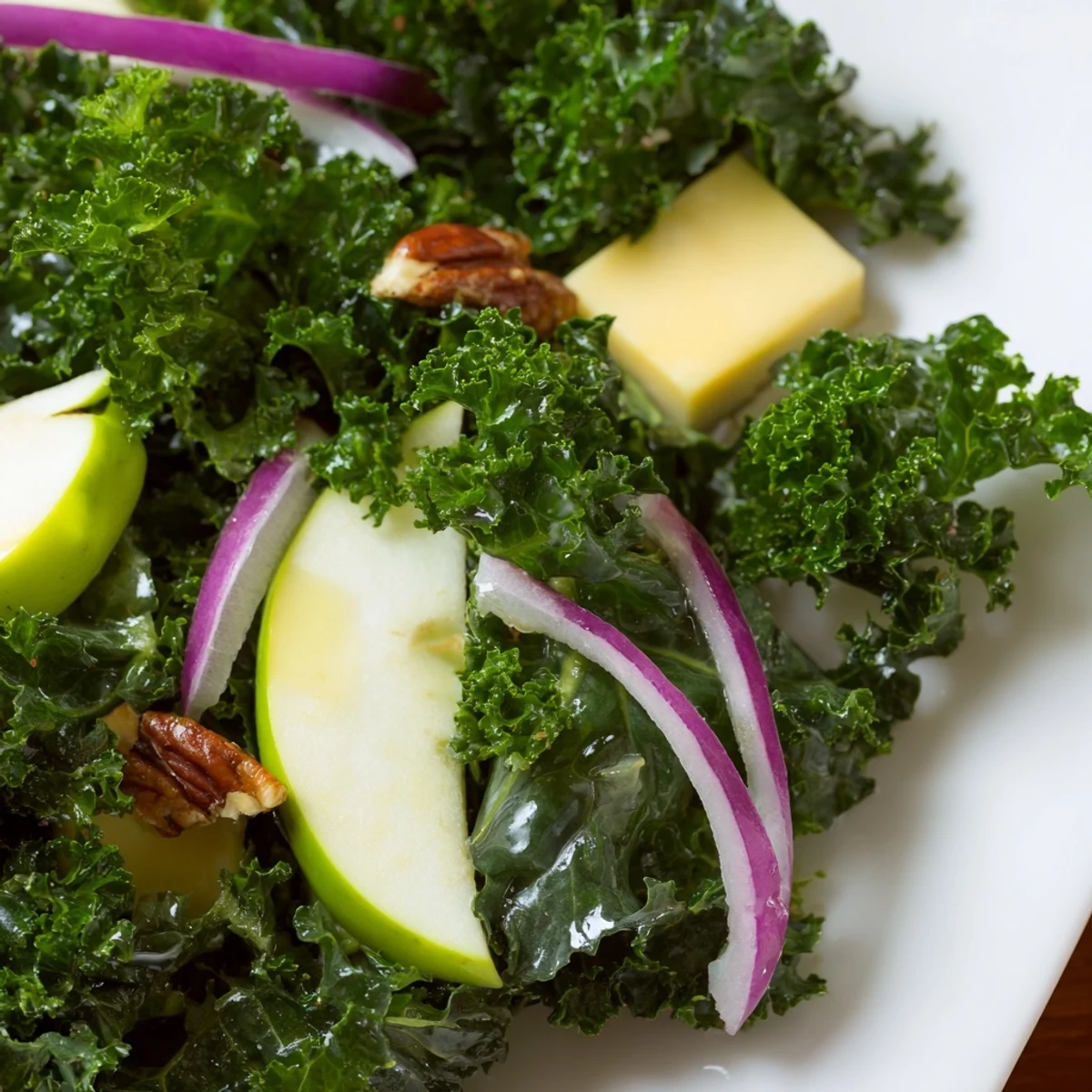 Crunchy toasted pecans and sharp cheddar mingles with sweet apples in this massaged Winter Kale Salad ready for serving.