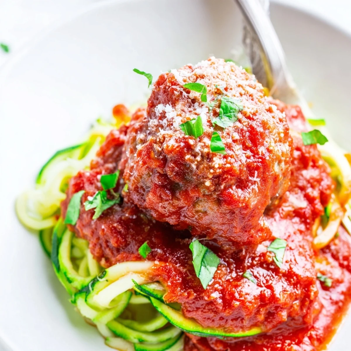 Homemade turkey meatballs and zucchini noodles served with rich marinara sauce on a rustic plate.