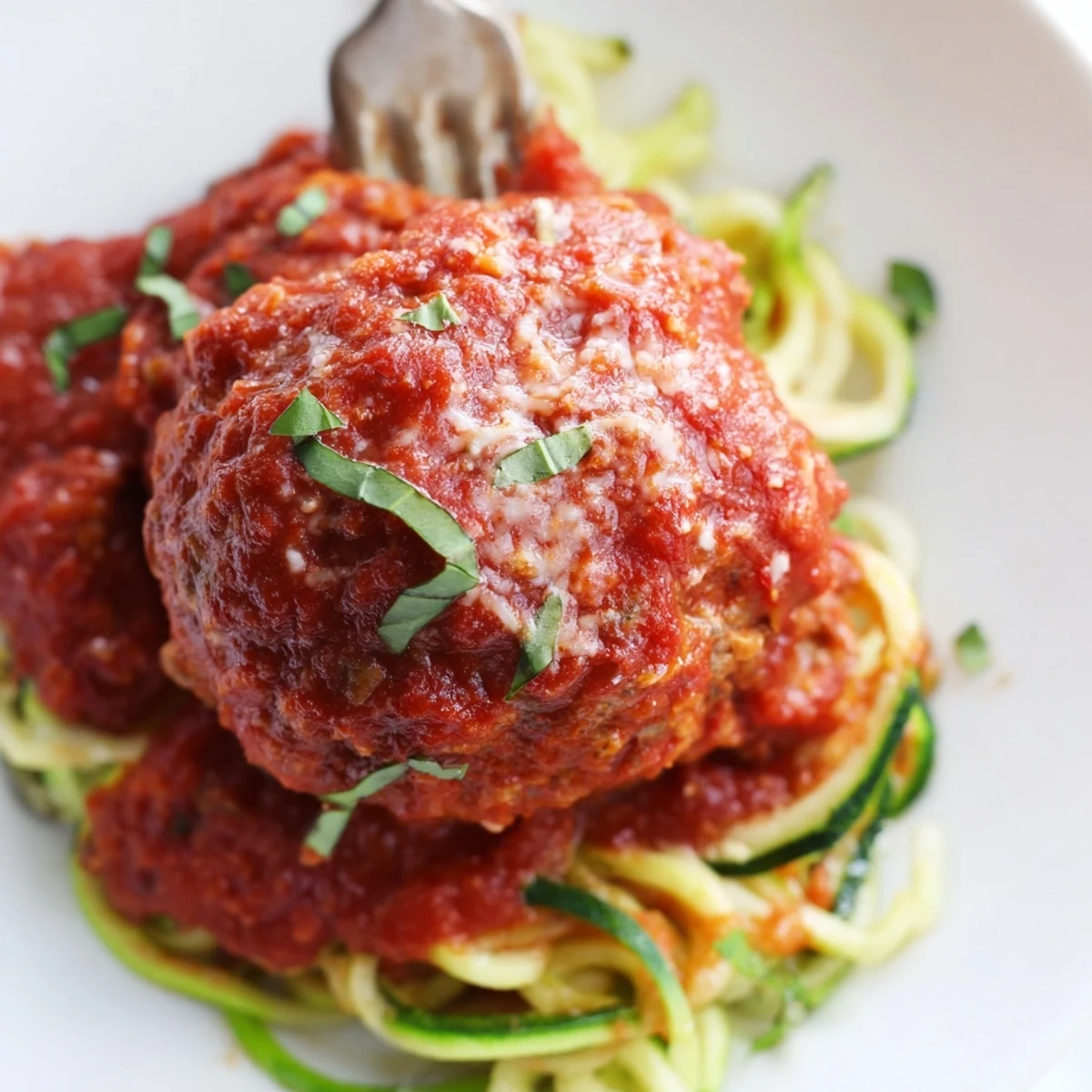 Gluten-free turkey meatballs and zucchini noodles topped with homemade marinara, perfect for a healthy Italian dinner.