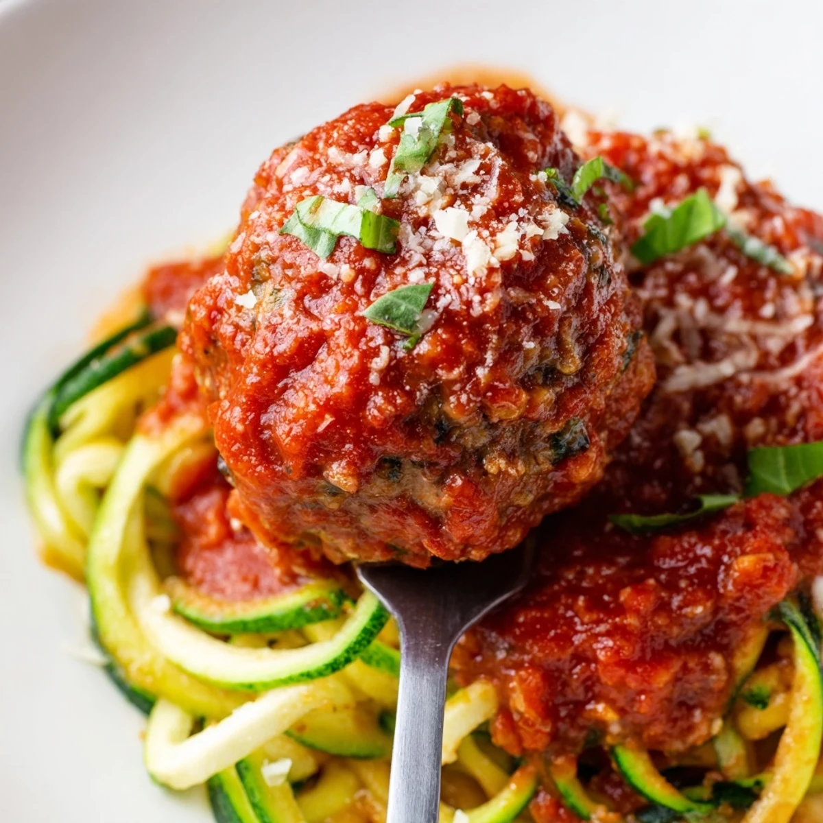 Golden-brown turkey meatballs in marinara sauce over sautéed zucchini noodles, garnished with fresh Parmesan and basil.