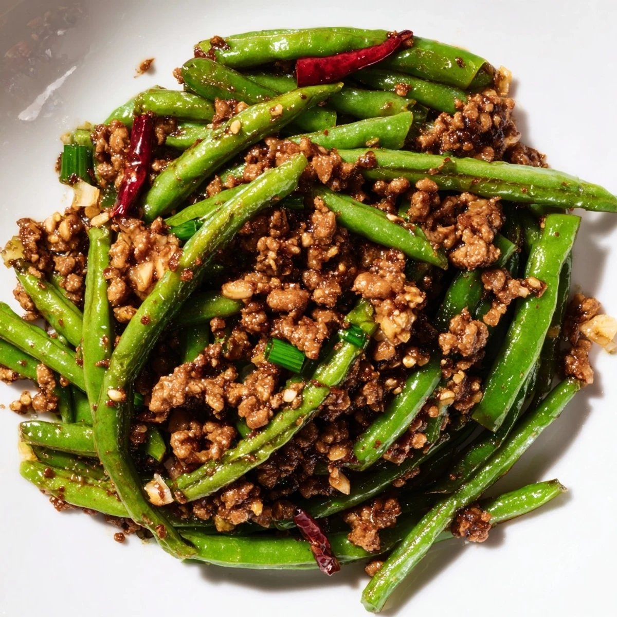 Close-up of Spicy Szechuan Green Beans with Minced Beef sizzling in a wok with fresh red chilies and aromatics.