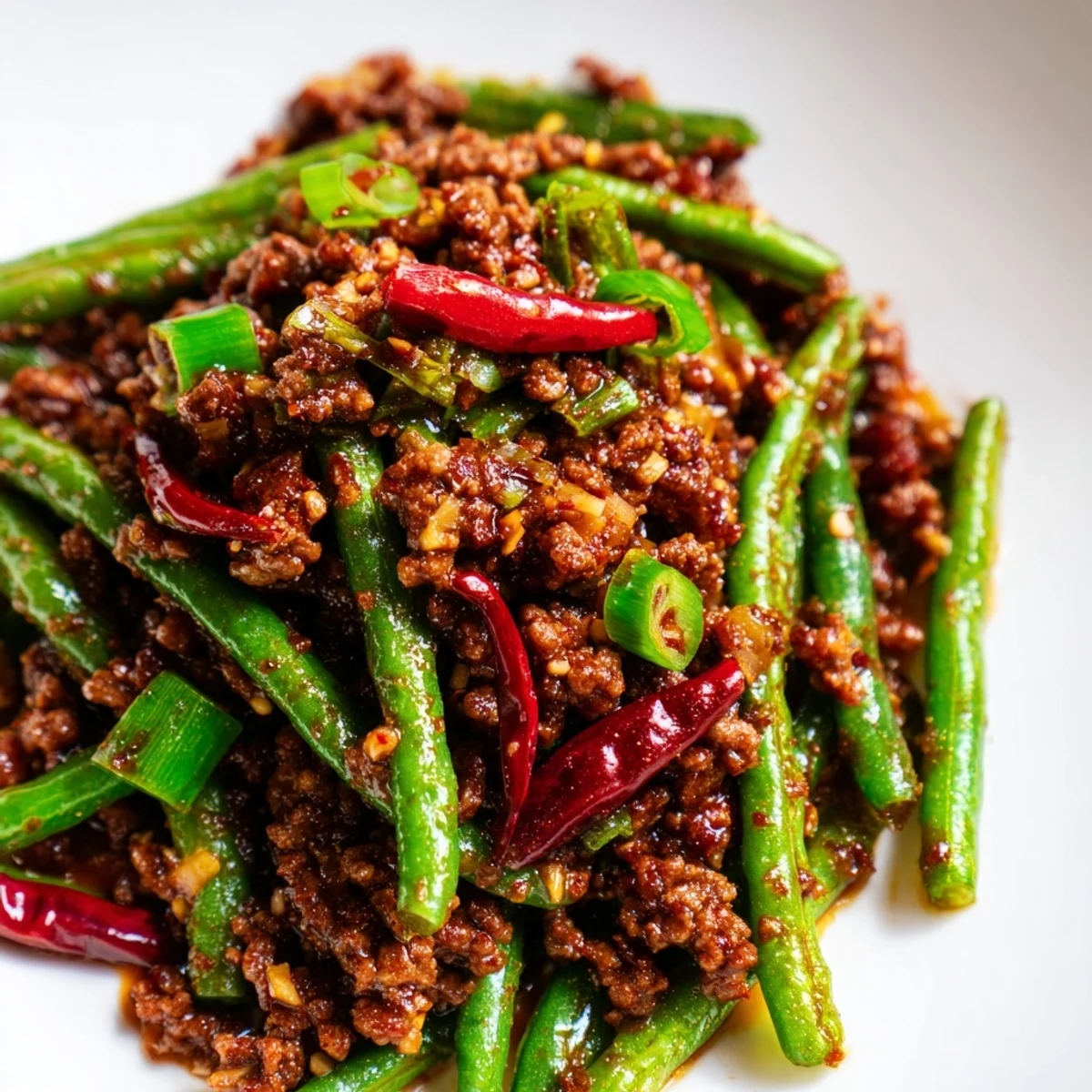 A serving of Spicy Szechuan Green Beans with Minced Beef over fluffy jasmine rice, garnished with sliced scallions.