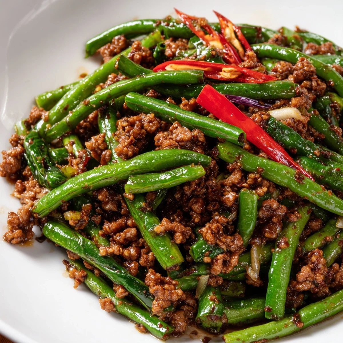 Freshly plated Spicy Szechuan Green Beans with Minced Beef featuring crisp beans and savory beef tossed in a glossy sauce.