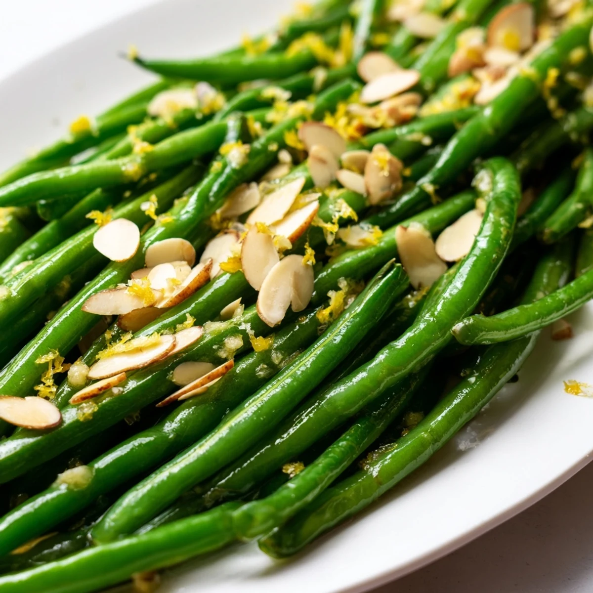 Freshly prepared Lemon Garlic Green Beans with Toasted Almonds, showcasing crisp-tender beans in a glossy pan.