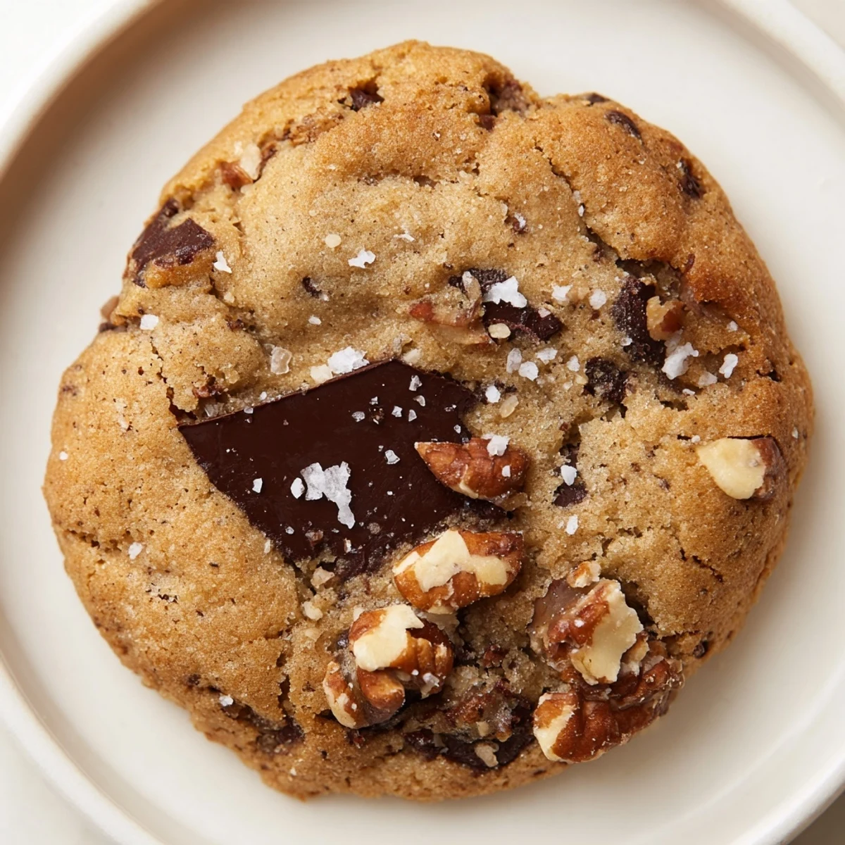 Freshly baked chocolate chip cookies with sea salt flakes showing gooey dark chocolate chunks on a baking sheet