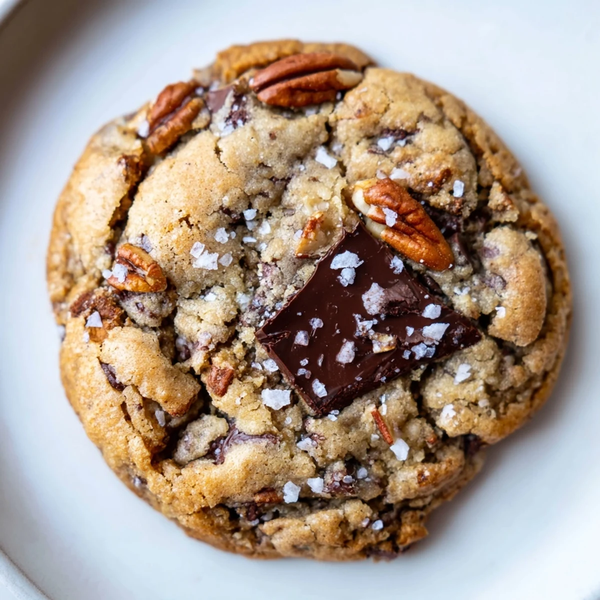 Warm chocolate chip cookies with sea salt flakes cooling on a wire rack next to a cold glass of milk