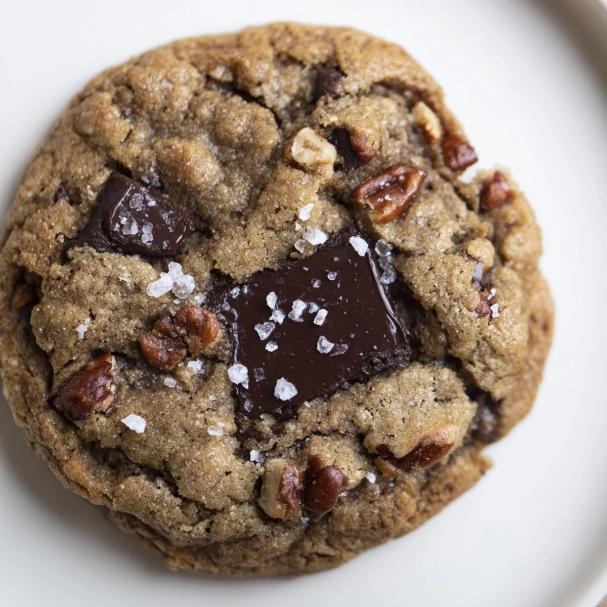 Golden-brown chocolate chip cookies with sea salt flakes arranged on a white plate with a cup of coffee