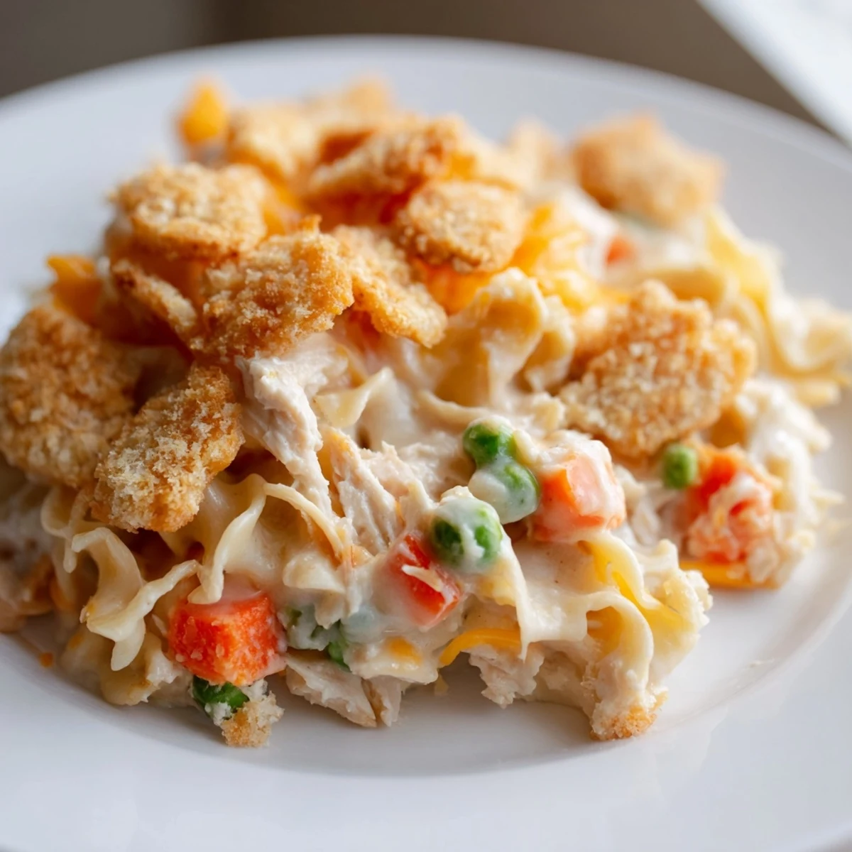 Golden brown, buttery cracker crumble tops a creamy Chicken Noodle Casserole bubbling from the oven.
