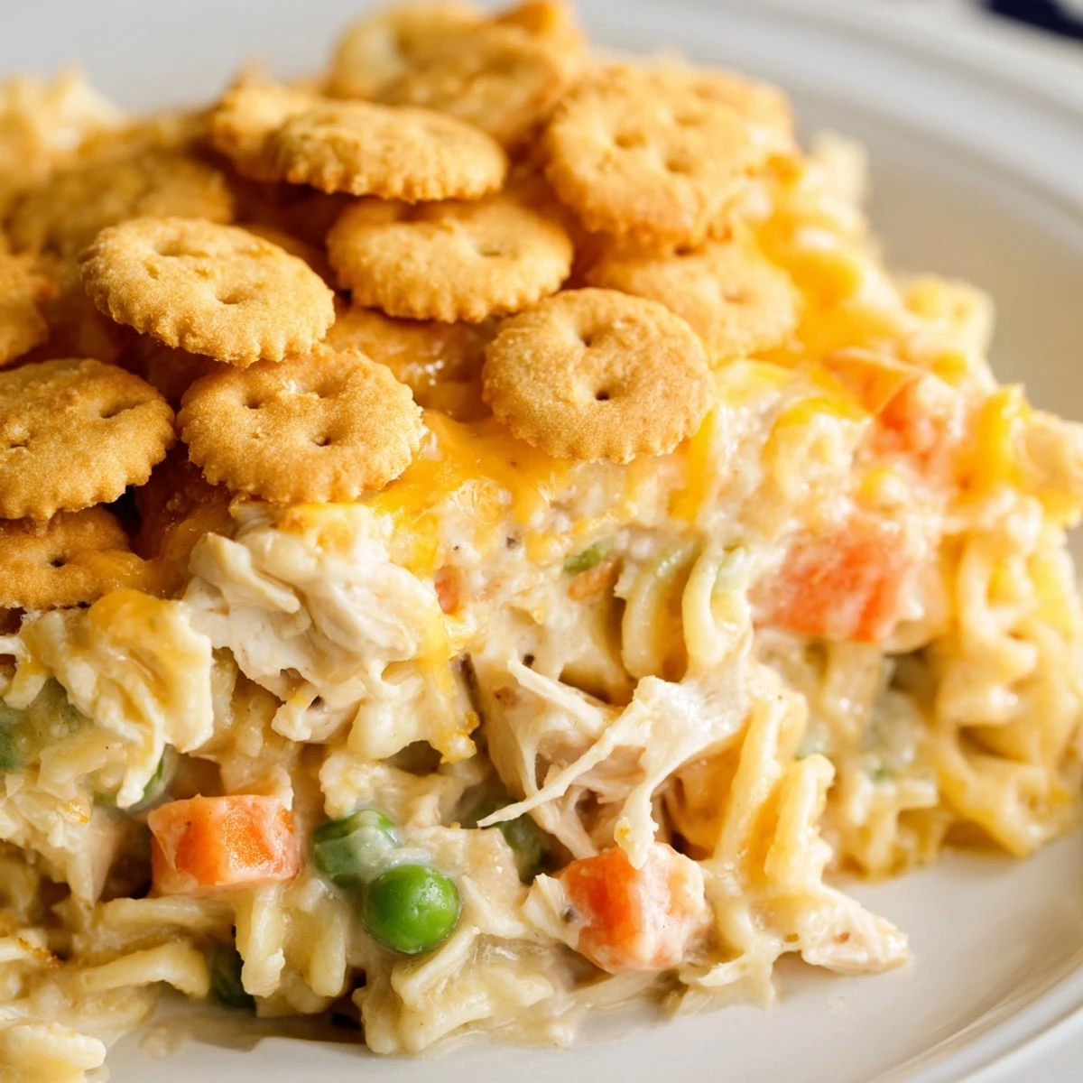 Close up on tender chicken, peas, and noodles in a creamy Chicken Noodle Casserole filling a white baking dish.