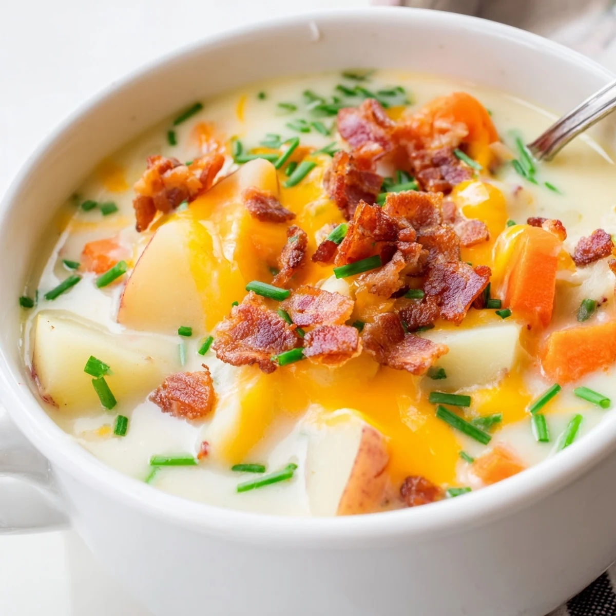 Top-down view of Creamy Potato Soup with Cheese and Beef Bacon served with crusty bread.