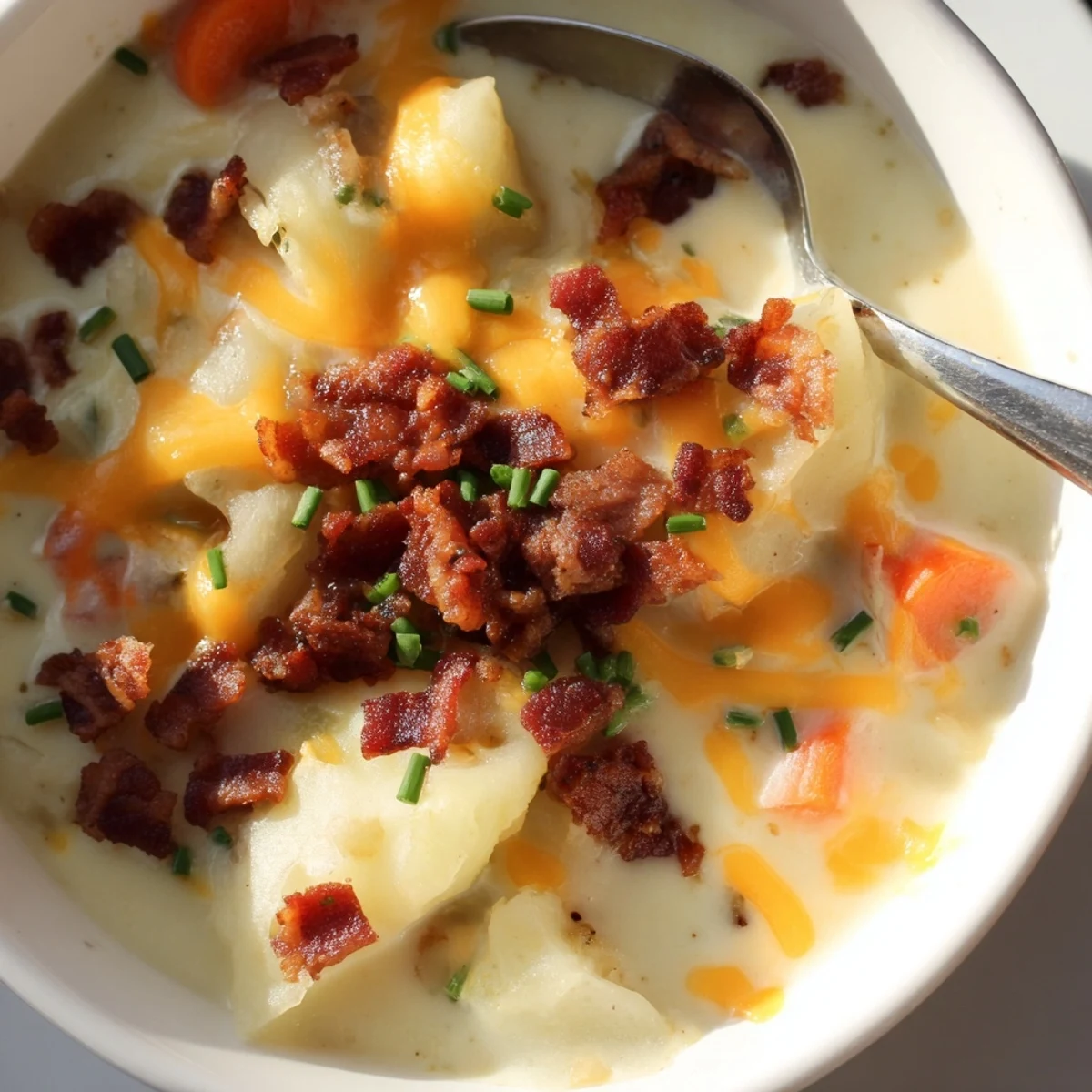 Steaming bowl of Creamy Potato Soup with Cheese and Beef Bacon, garnished with fresh chives.
