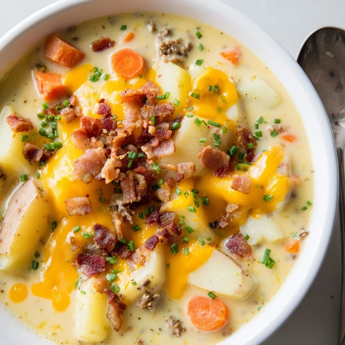 Close-up of Creamy Potato Soup with Cheese and Beef Bacon featuring melted cheddar shreds.