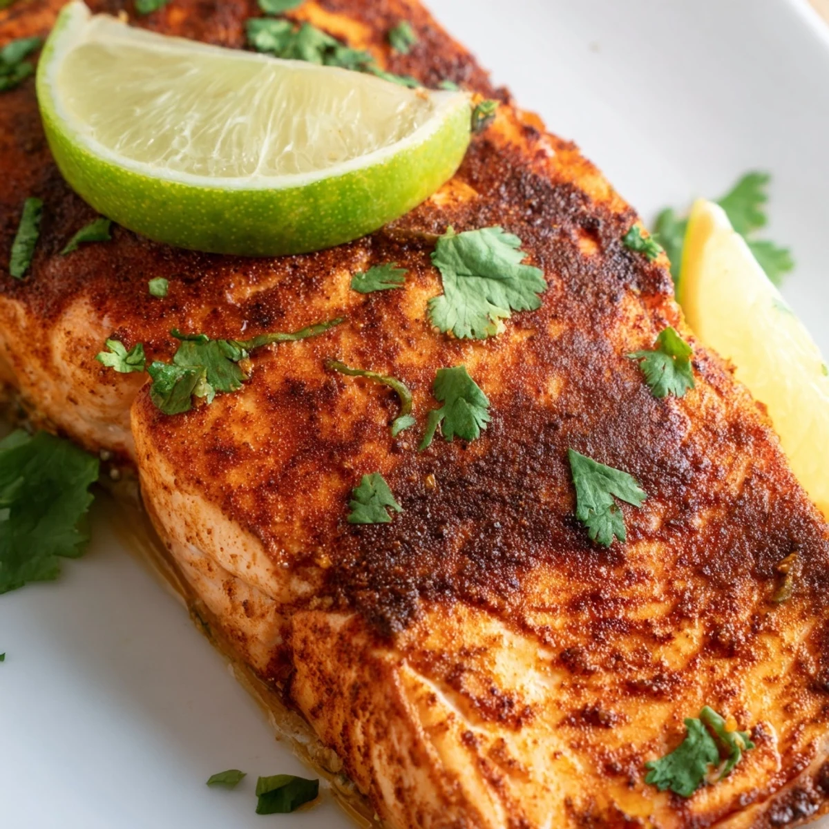 Golden-brown Cajun salmon fillets served with lime wedges and herbs on a rustic wooden table.