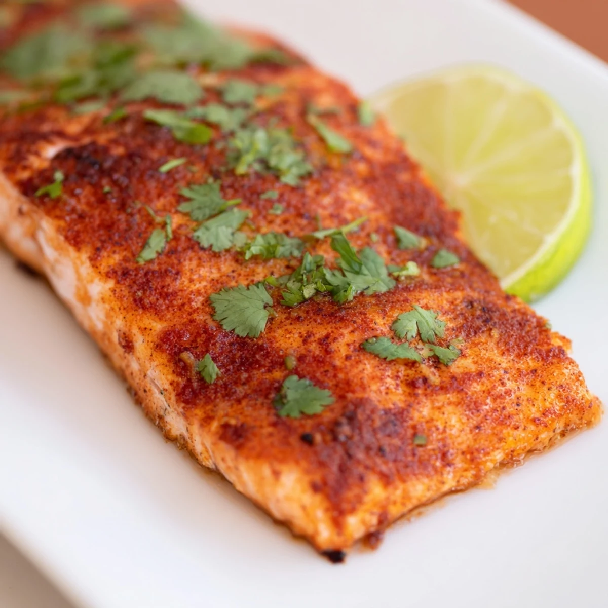 Perfectly baked salmon fillets coated in Cajun seasoning and fresh lime juice, glistening on a white plate.