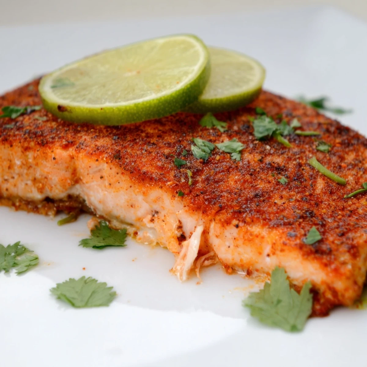 Flaky, tender salmon with spicy Cajun crust and lime slices garnished with fresh cilantro.