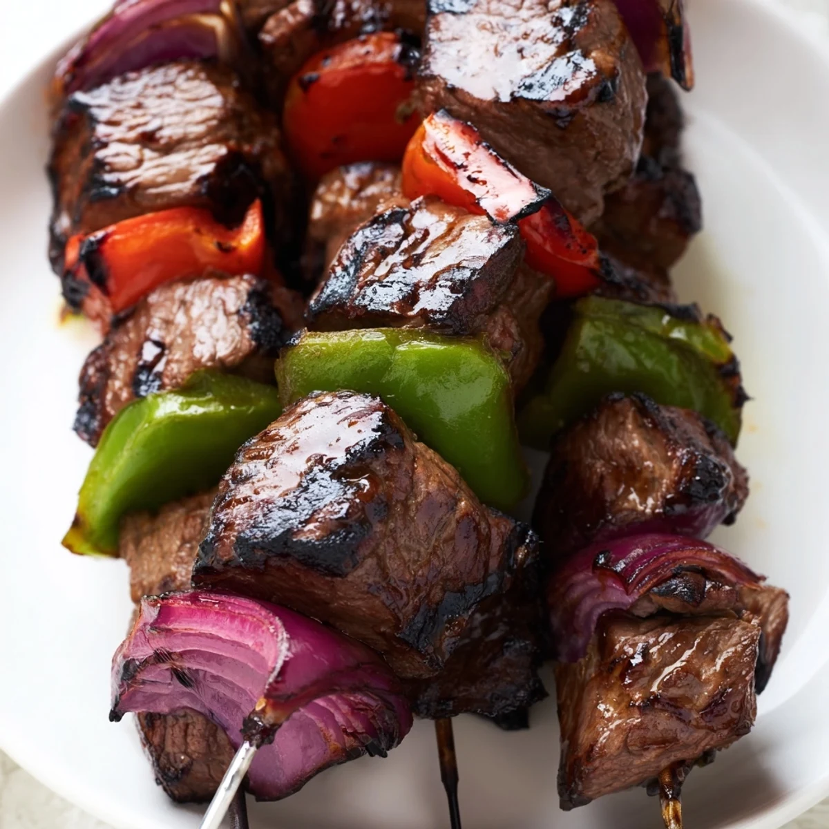 Close-up of Beef Kebabs with Bell Peppers and Red Onion revealing juicy beef slices and tender, smoky vegetables.
