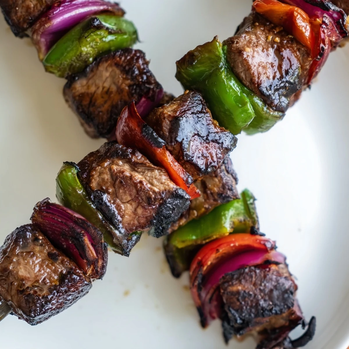 Colorful Beef Kebabs with Bell Peppers and Red Onion served beside fluffy rice and lemon wedges for a bright finish.