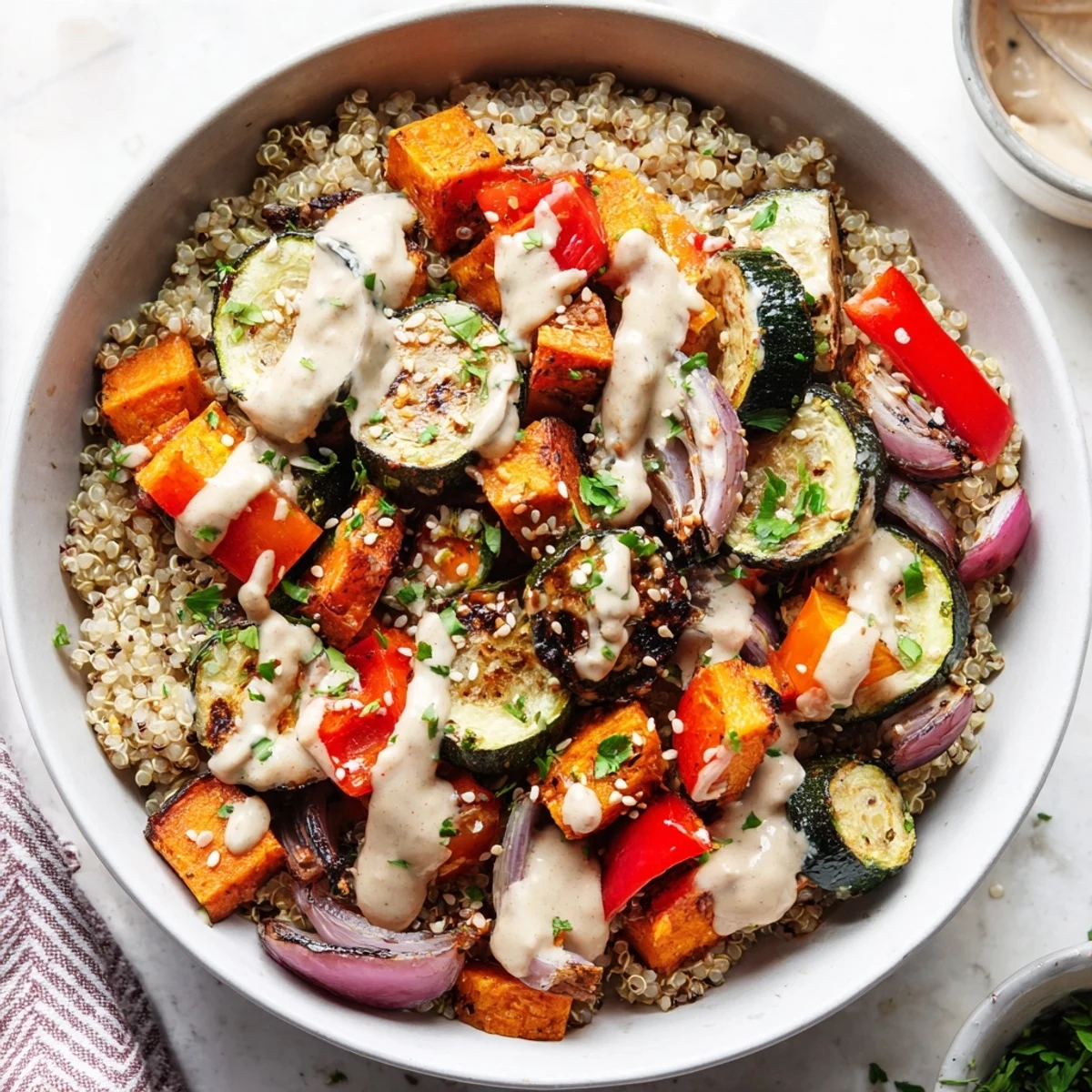 Roasted Vegetable Quinoa Bowl with Tahini topped with golden roasted sweet potatoes and zucchini, drizzled with creamy tahini dressing and garnished with parsley.