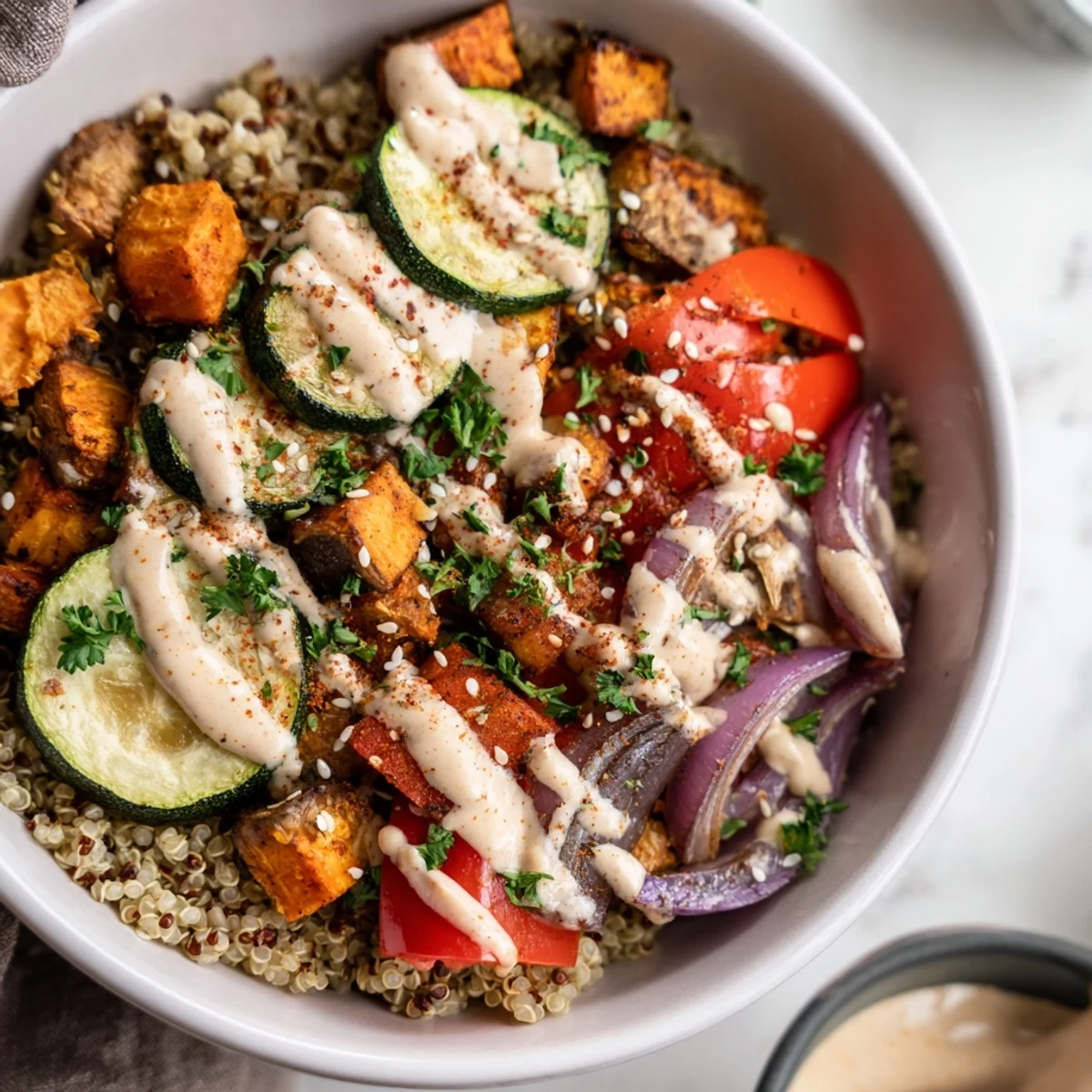 Healthy vegan dinner of Roasted Vegetable Quinoa Bowl with Tahini, showcasing colorful roasted veggies, quinoa, and a rich dressing, perfect for weeknight meals.