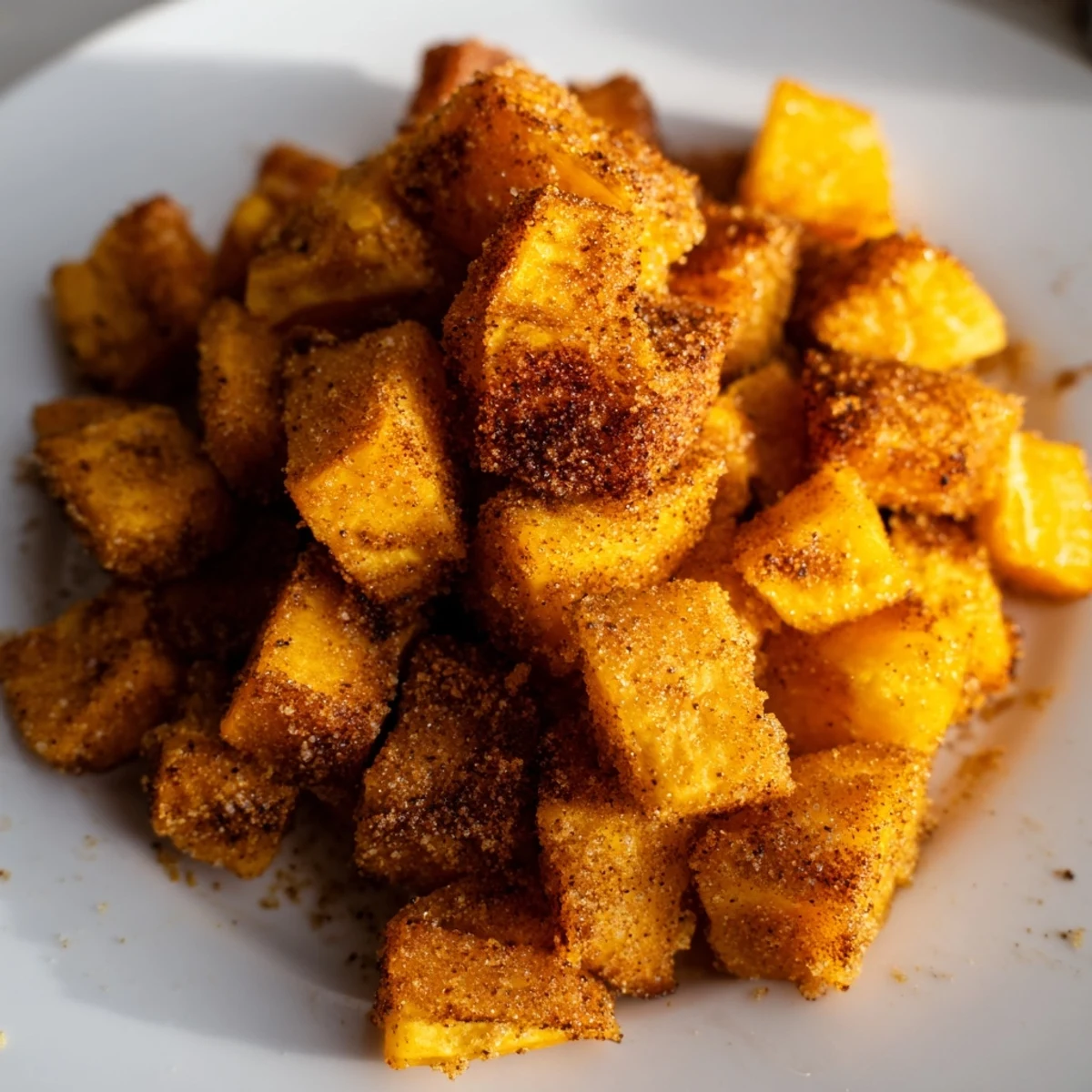 Freshly baked Roasted Sweet Potatoes with Cinnamon Sugar tossed with olive oil and fragrant spices in a mixing bowl.