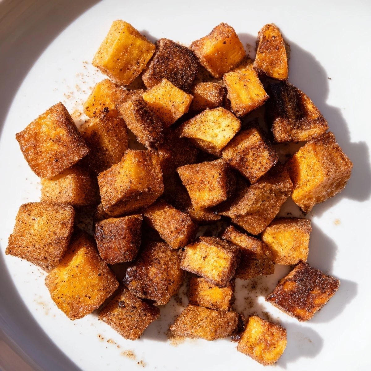 Homemade Roasted Sweet Potatoes with Cinnamon Sugar piled high on a rustic plate, perfect for a healthy vegetarian side dish.
