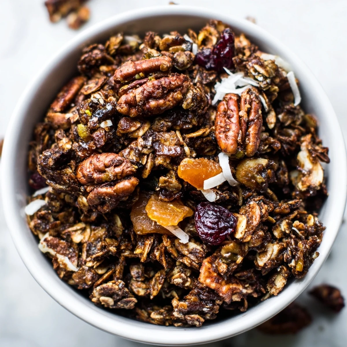 Golden-baked Gingerbread Granola clusters with dried fruit on a rustic wooden board.