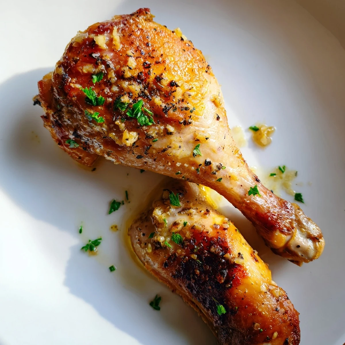 Golden Lemon Garlic Roasted Chicken Legs with crispy skin served alongside roasted potatoes and fresh parsley garnish.