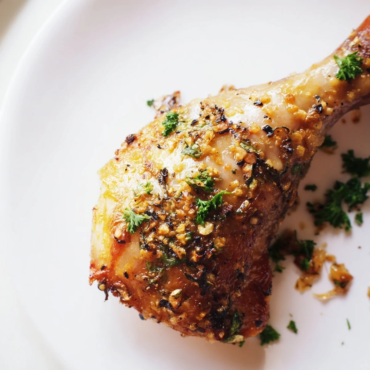 Close-up of savory Lemon Garlic Roasted Chicken legs fresh from the oven, glistening with lemon zest and herbs.
