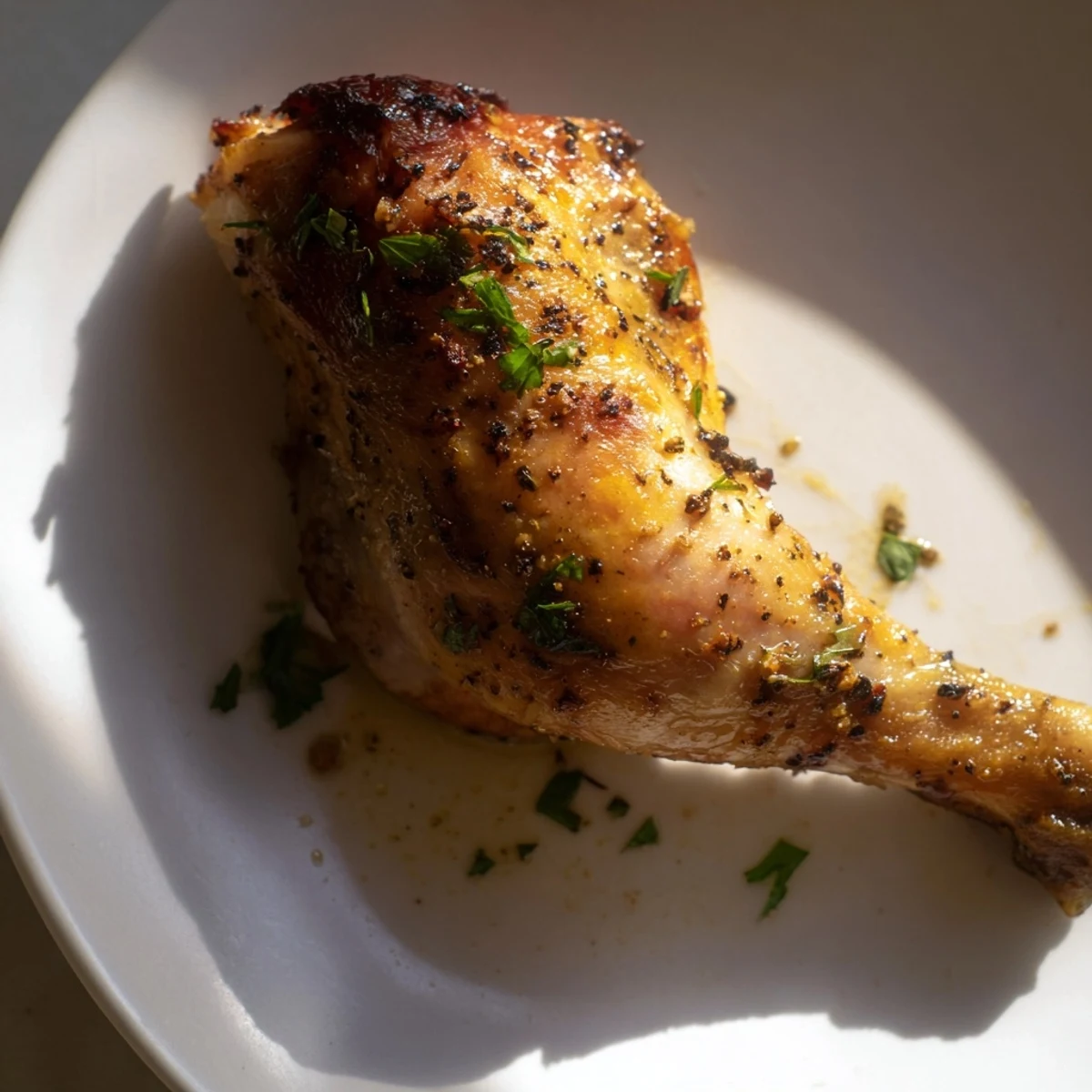 Freshly roasted Lemon Garlic Roasted Chicken Legs plated with lemon wedges and a vibrant green salad for dinner.