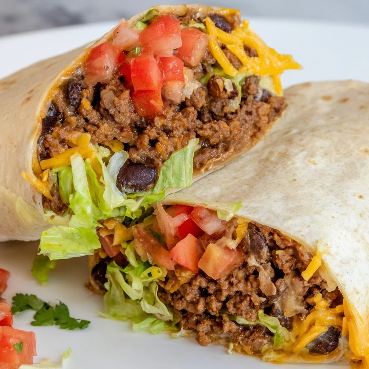 Cheesy Beef and Bean Burritos served with lettuce, diced tomato, and a dollop of sour cream.