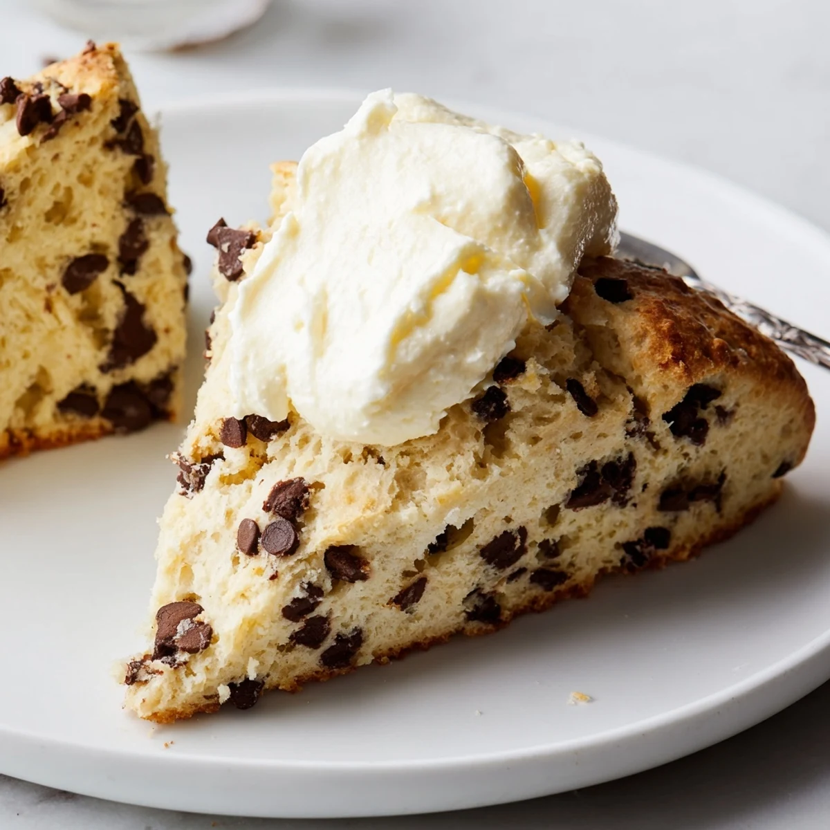 Warm Chocolate Chip Scones with Clotted Cream topped generously, ready to enjoy with a hot cup of coffee.
