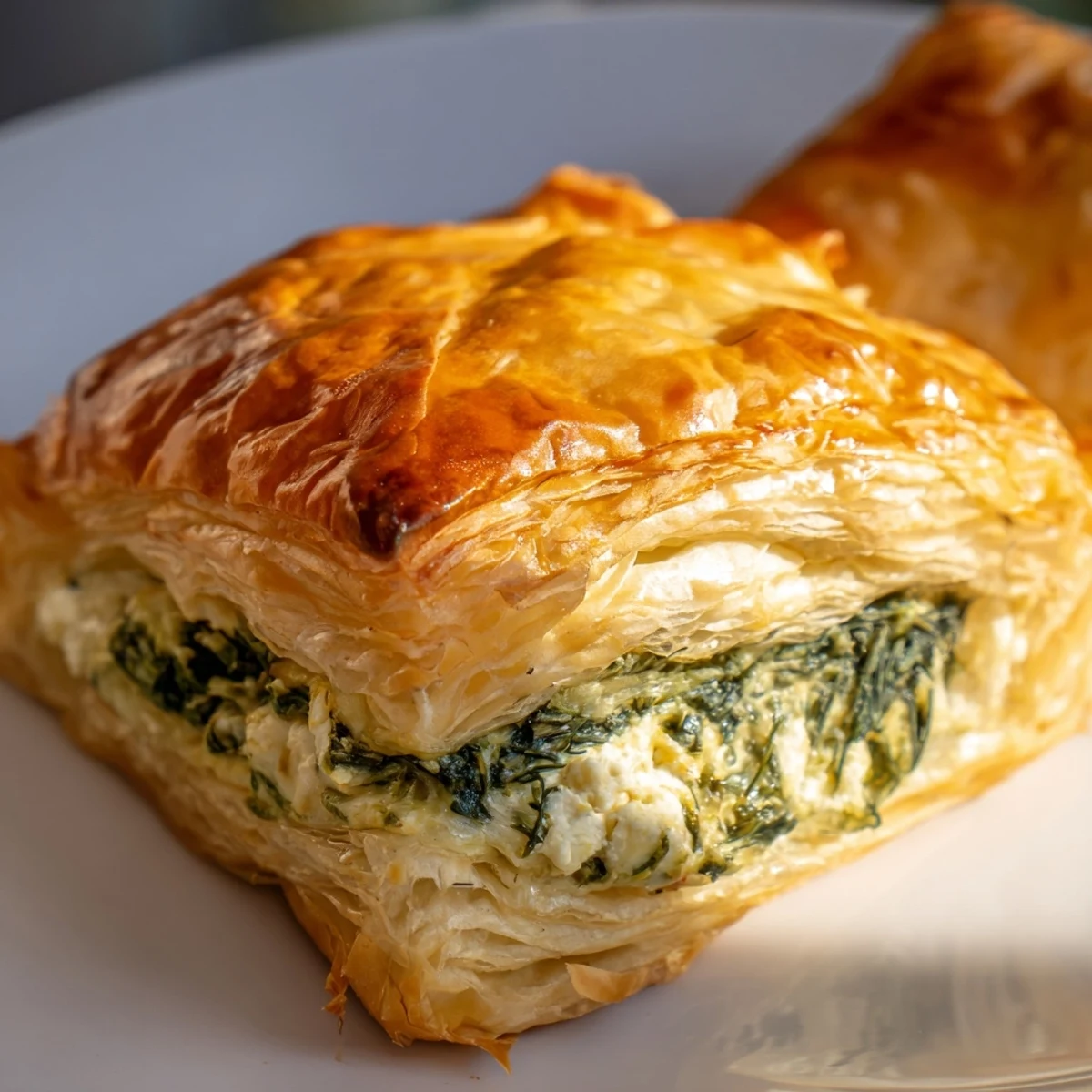 Freshly baked Savory Spinach and Feta Puff Pastry parcels with golden, flaky layers sit on a wooden board, releasing steam.