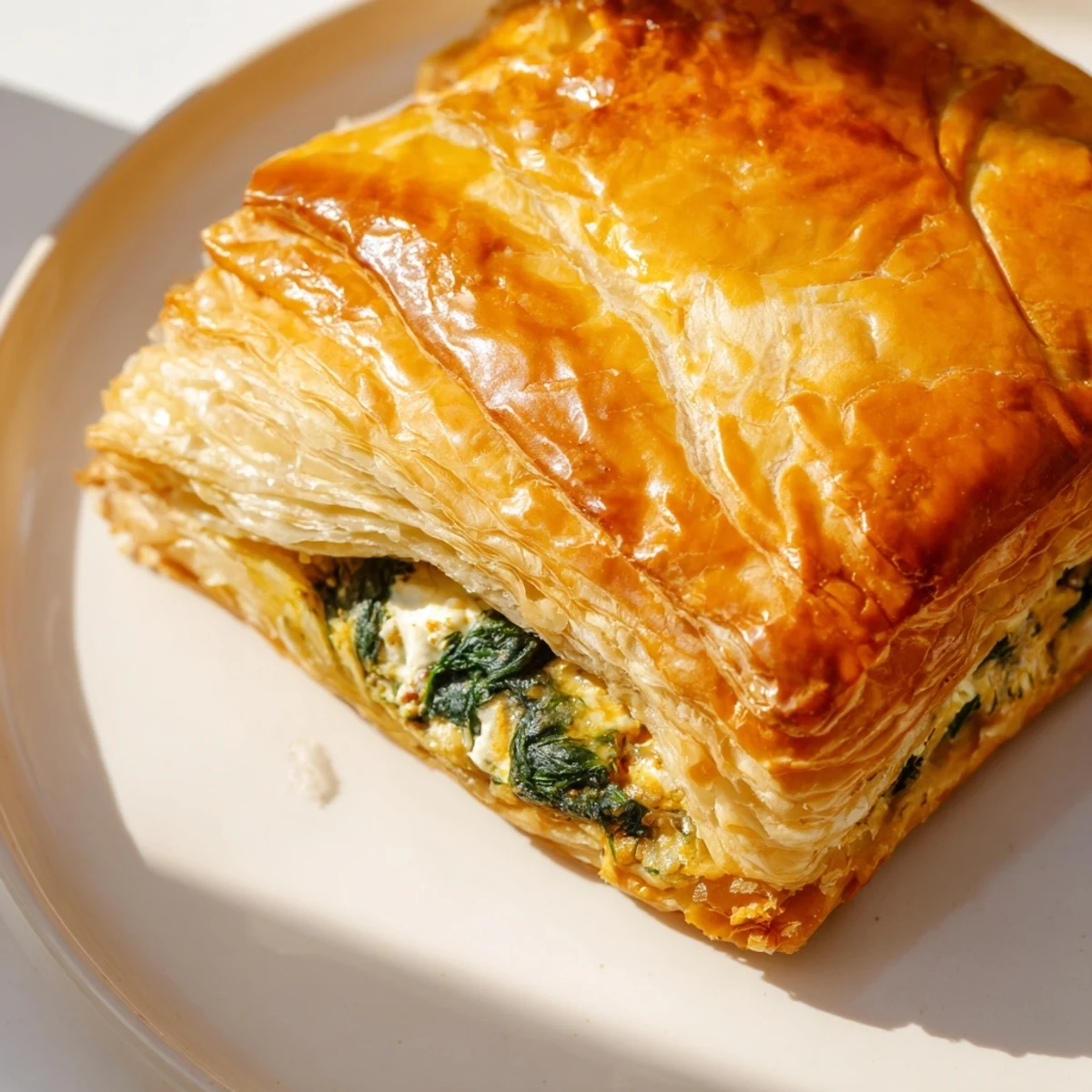 Golden-brown Savory Spinach and Feta Puff Pastry rests on a white plate, garnished with fresh dill and a side salad.