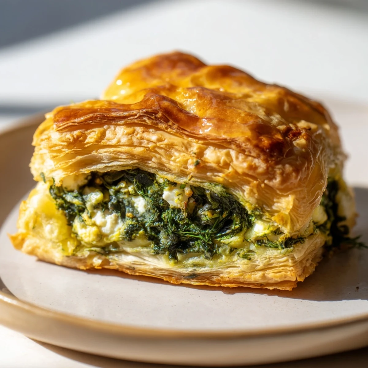 Close-up of a split Savory Spinach and Feta Puff Pastry showing creamy feta, wilted spinach, and aromatic herbs inside.