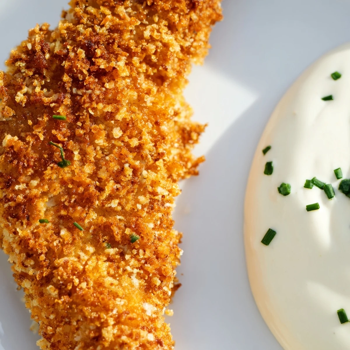 Crispy Chicken Tenders with Dip arranged on a white plate next to a small bowl of creamy sauce and lemon wedges.