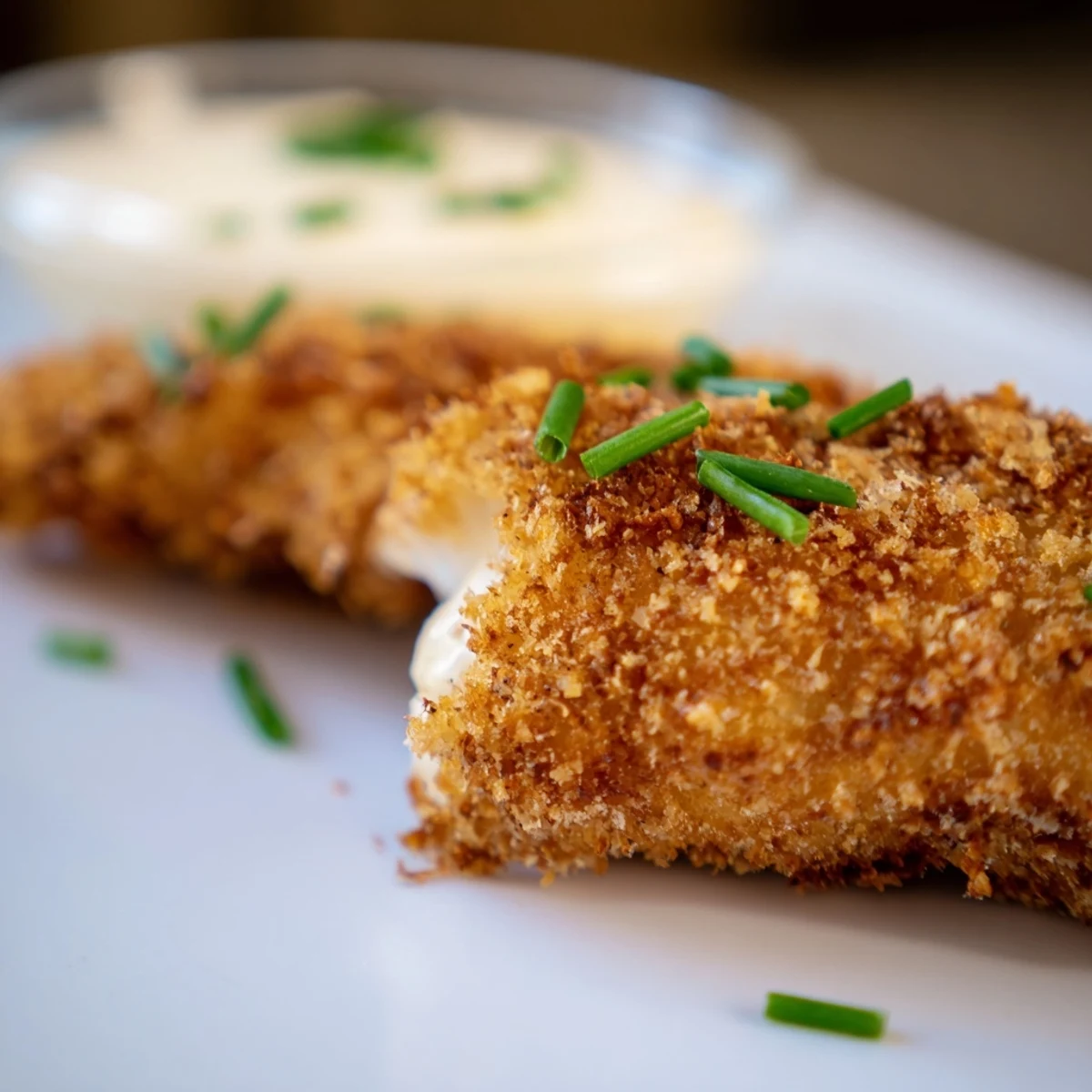 Golden-brown Crispy Chicken Tenders with Dip stacked on parchment paper, highlighting the crunchy breading and tender interior.