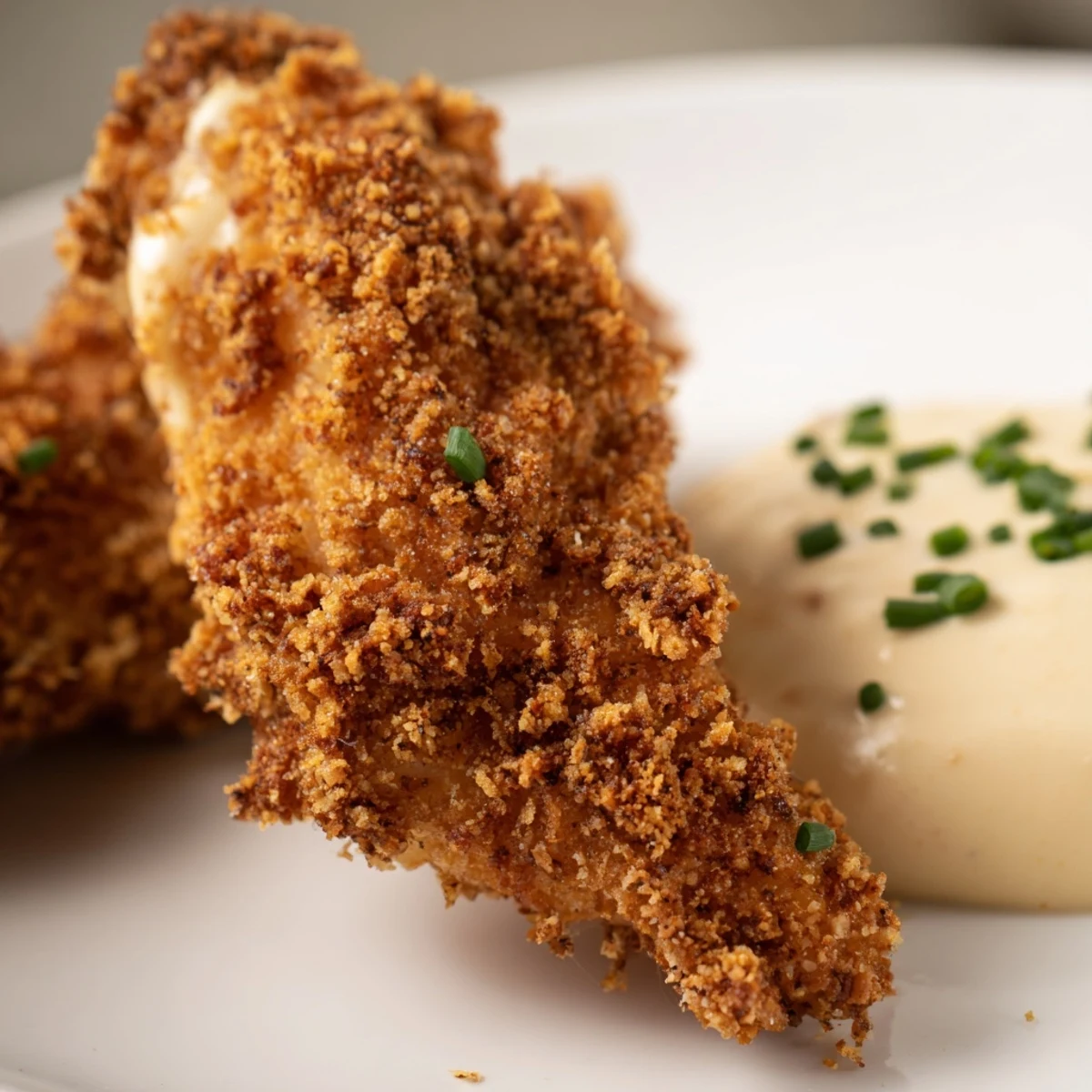 Homemade Crispy Chicken Tenders with Dip featuring golden panko crust and a creamy chive sauce on a rustic wooden table.