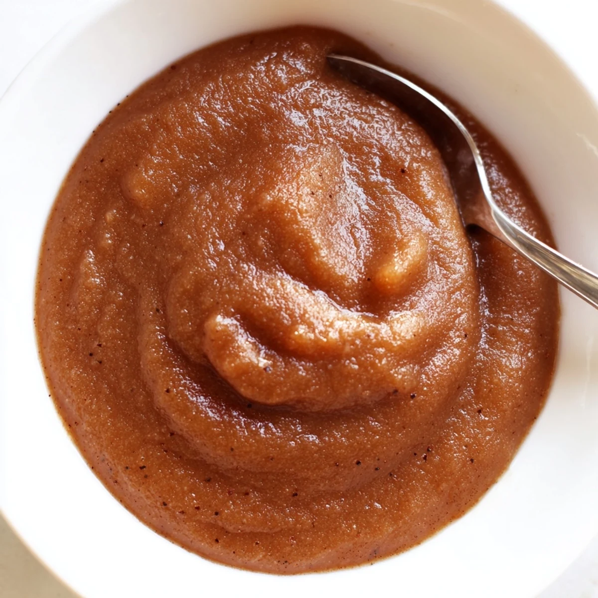 Smooth, glossy spiced apple butter with cloves swirled on a slice of warm toast next to a jar.
