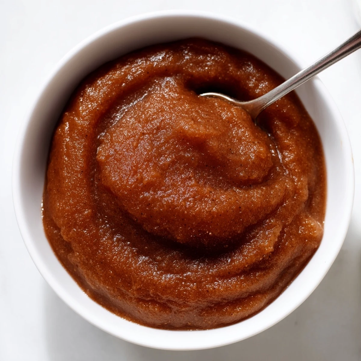 A jar of spiced apple butter with cloves beside sliced apples, cinnamon sticks, and a knife with butter.